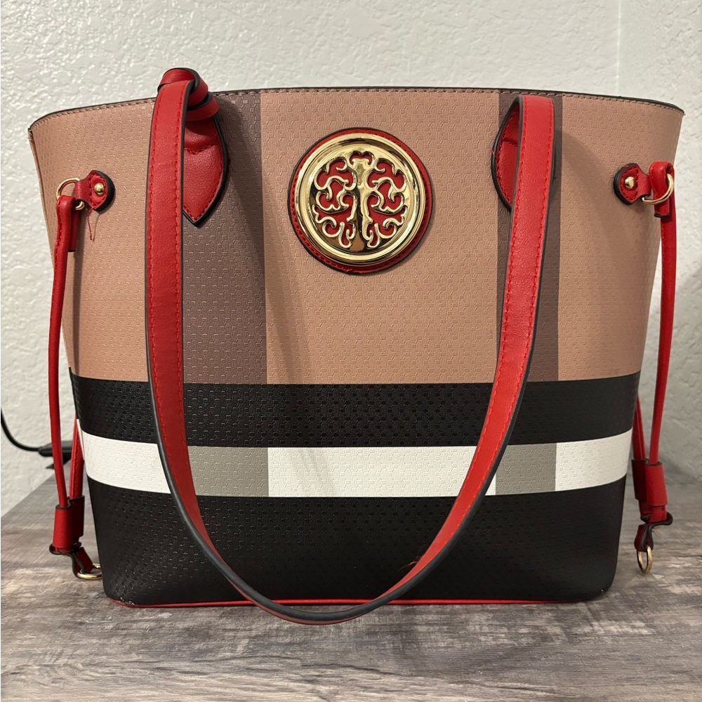 Elegant Tan, Red & Black Tote with Gold Emblem